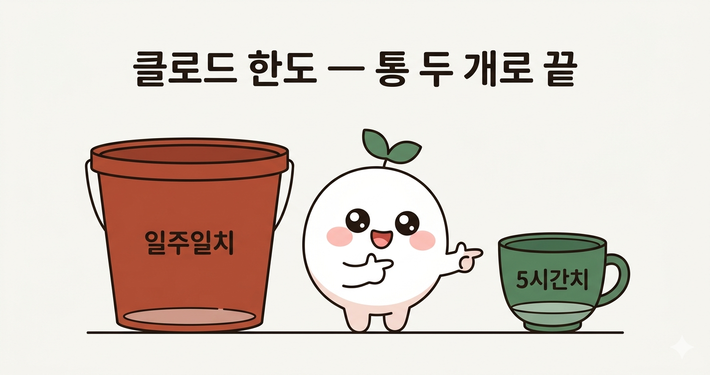 클로드 사용량 한도 화면 — 처음 보면 다 헷갈려요. 통 두 개로 풀어드림