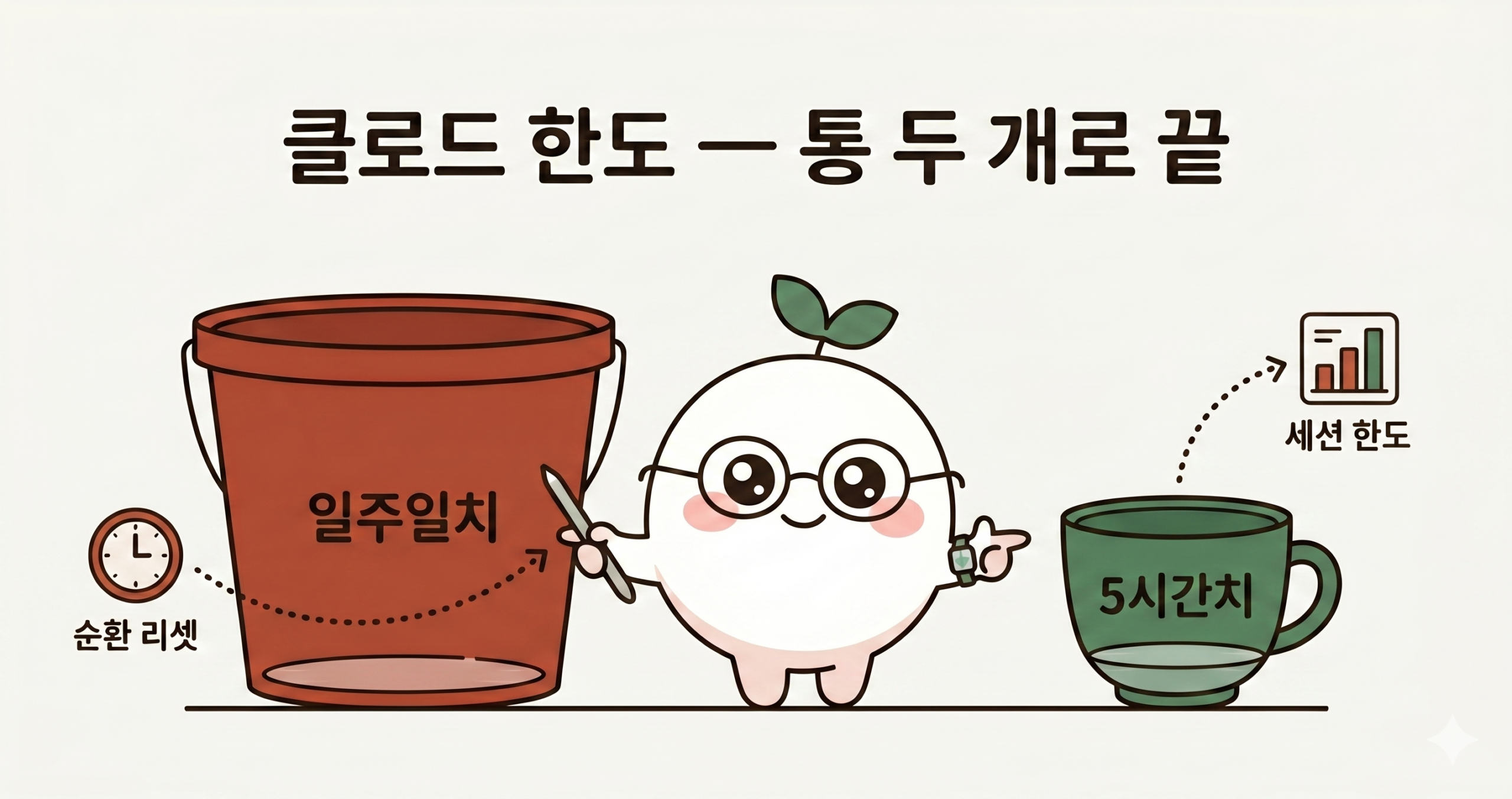클로드 세션 = 카페 5시간 이용권 비유 일러스트 (모래시계·커피잔·시계·안경 동글이)